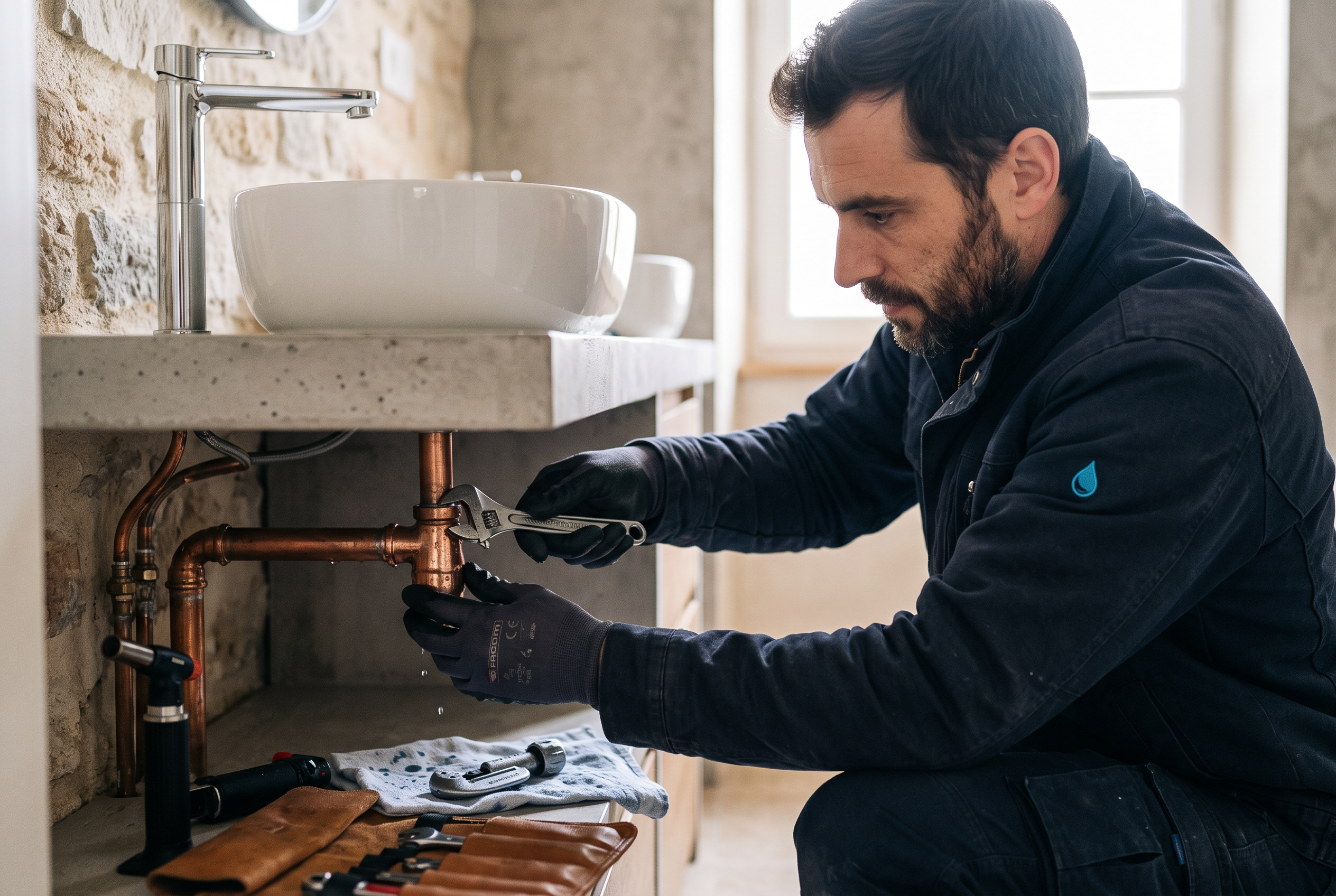 Julien réparant une canalisation sous un lavabo